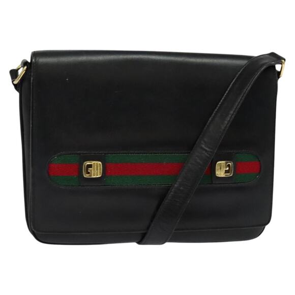 GUCCI Web Sherry Line Shoulder Bag Leather Black Gold - Picture 1 of 16